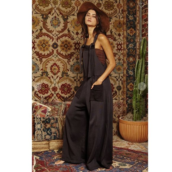Bucket List FRENCH TERRY SLOUCHY OVERALL JUMPSUIT in Black - Picture 3 of 3